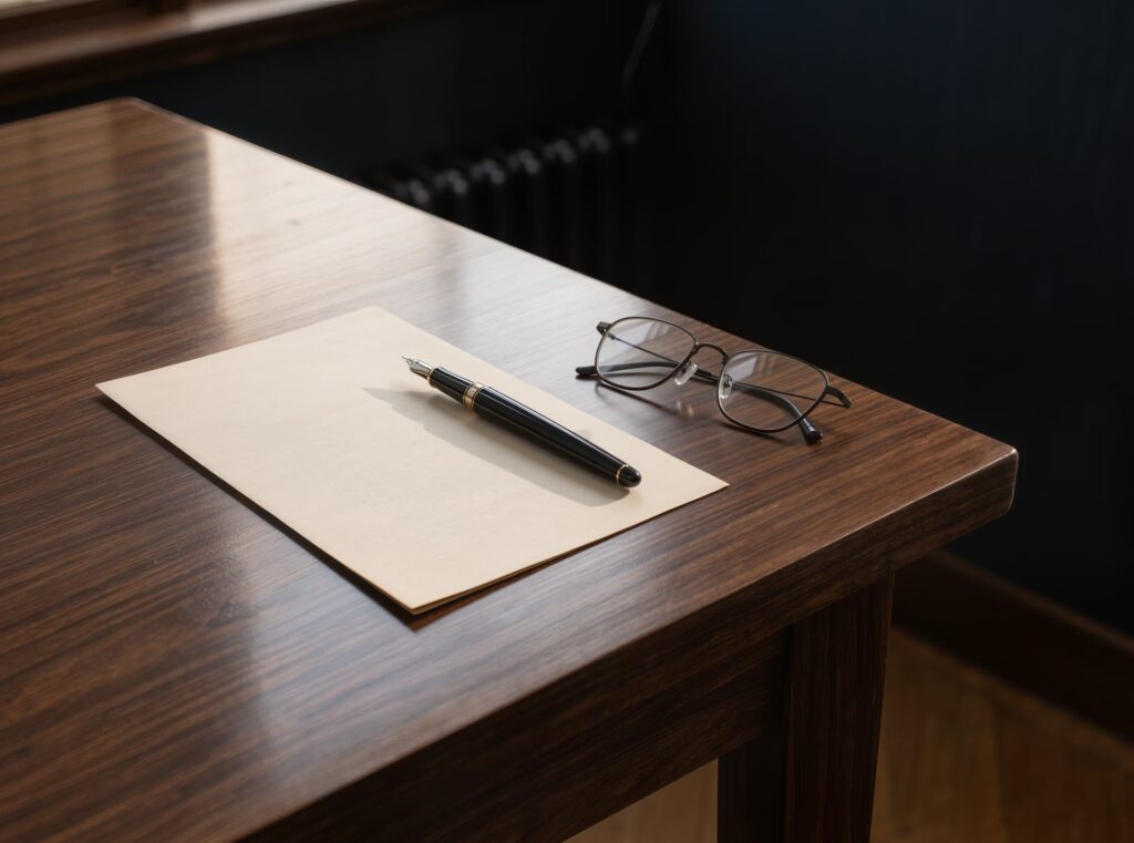 Compliance documents arranged on an office desk